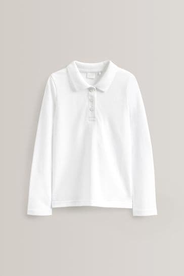 Buy White 100% Cotton Long Sleeve School Polo Tops Pack (3-16yrs