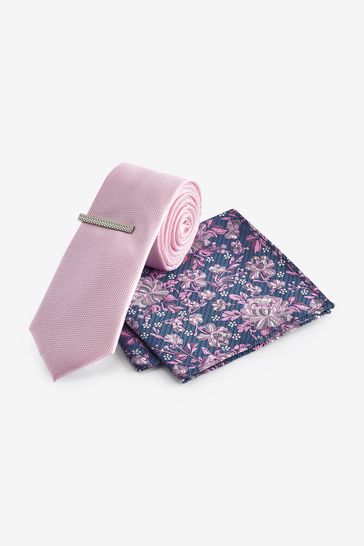 Pink/Blue Floral Slim Tie, Pocket Square And Tie Clip Set