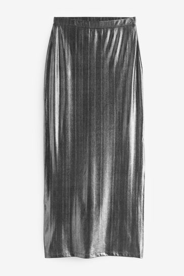 Silver Metallic Column Midi Skirt