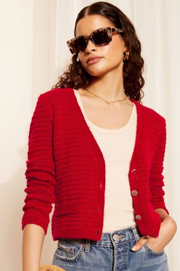Friends Like These Red Textured V Neck Knitted Cardigan