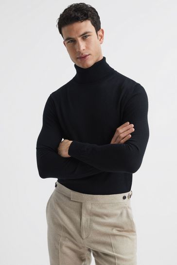 Buy Reiss Black Caine Slim Fit Merino Wool Roll Neck Jumper from