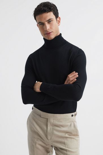 Reiss Black Caine Slim Fit Merino Wool Roll Neck Jumper