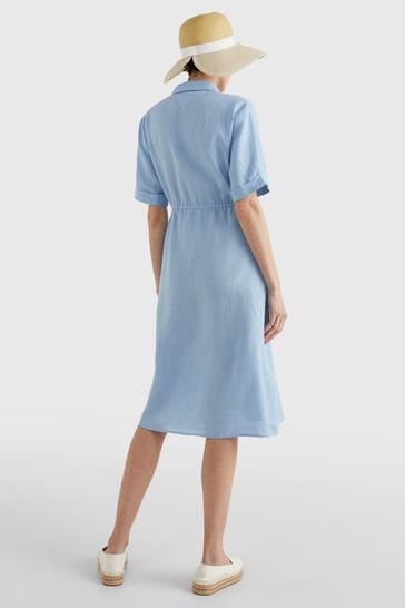 Blue linen midi clearance dress