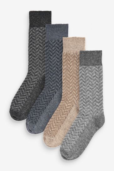 Grey/Blue Zig Zag Pattern Heavyweight Socks 4 Pack With Wool And Silk