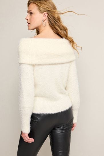 Buy Ecru Cream Fluffy Long Sleeve Bardot Jumper from Next Belgium