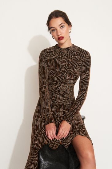 Gold Sparkle Long Sleeved Ruched Midi Dress