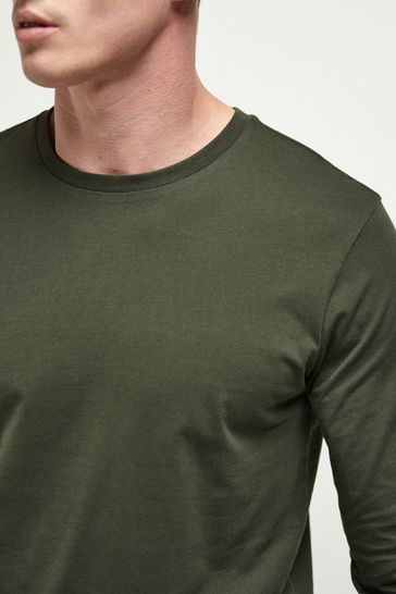 Dark Khaki Green Regular Fit 100 Cotton Long Sleeve Crew Neck T Shirt