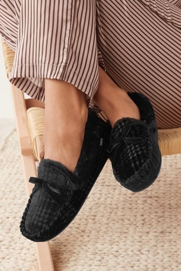 Black Dogtooth Faux Fur Lined Moccasin Slippers