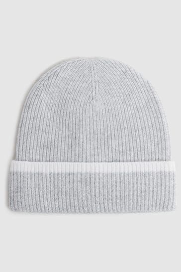 Reiss Grey/Ecru Hattie Wool Ribbed Beanie Hat