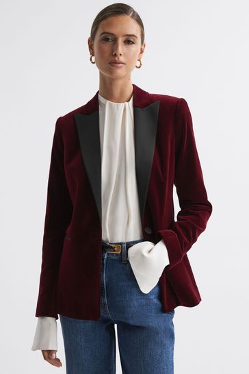 Reiss Red Opal Fitted Velvet Single Breasted Suit Blazer