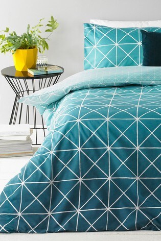 furn. Teal Blue Spectrum Geometric Line Reversible Duvet Cover and Pillowcase Set
