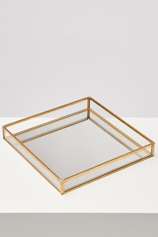 Oliver Bonas Gold Mirrored Lace Edge Jewellery Tray