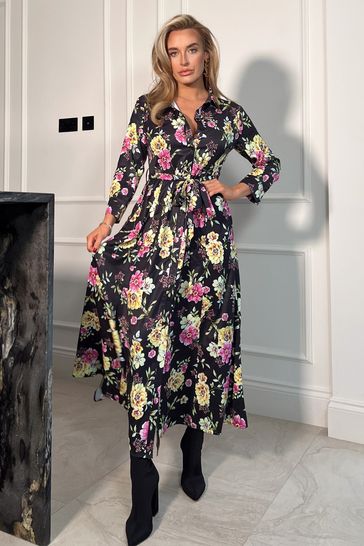 Buy Girl In Mind Black Floral Petite Brielle Shirt Maxi Dress from