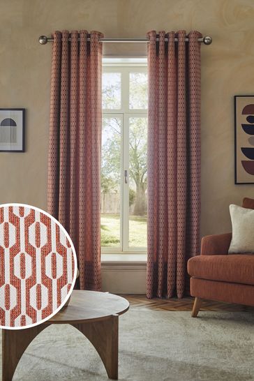 Orange/Neutral Woven Geometric Eyelet Lined Curtains