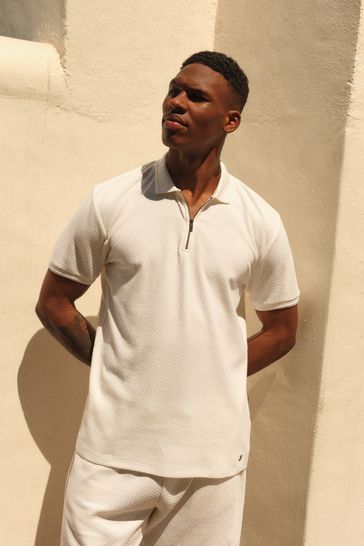 Buy White Short Sleeve Textured Quarter Zip Polo Shirt from Next Ireland