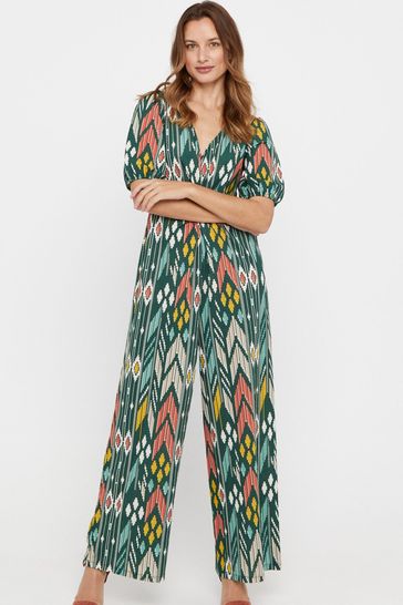Cortefiel Green Printed Jersey-Knit Jumpsuit