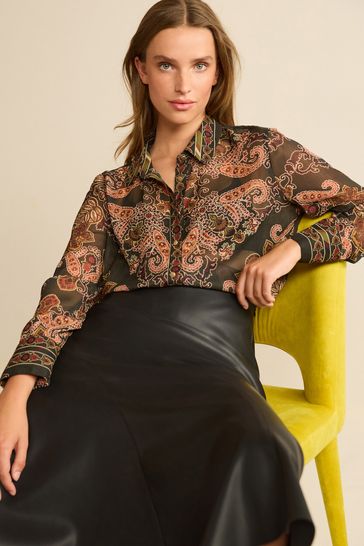 Brown Paisley high quality Print Long Sleeve Shirt