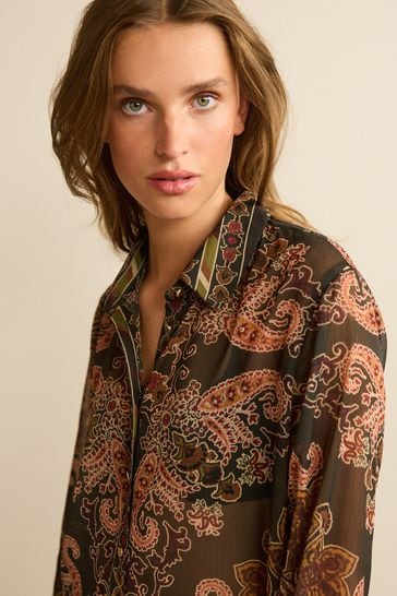 Buy Dark Brown Paisley Print Gold Button Detail Sheer Long Sleeve Shirt  from Next Estonia