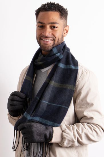 Totes Grey Wool Blend Check Scarf and Thermal Lined Mens Glove Set