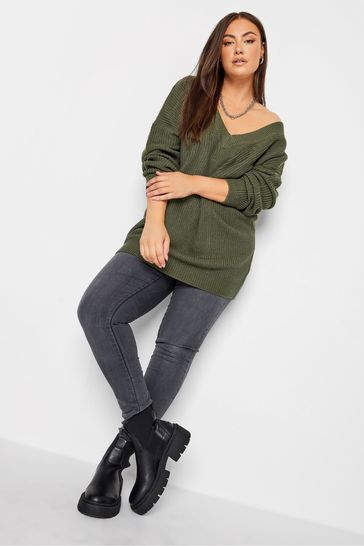 Yours Curve Green Double V-Neck Jumper