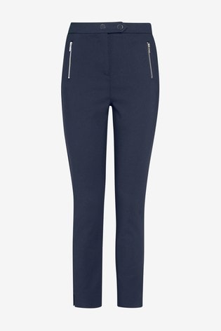 Buy Navy Elastic Back Skinny Zip Detail Trousers from Next Luxembourg