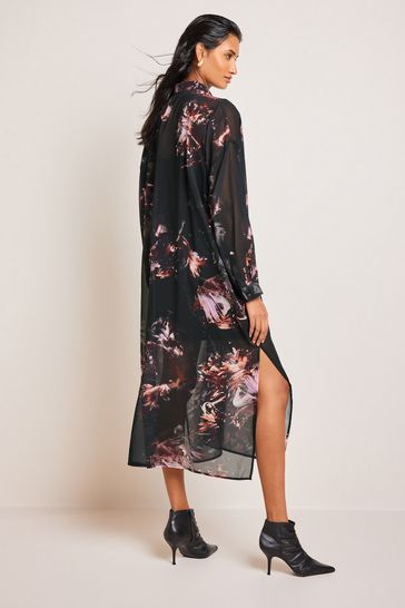 Buy Black Purple Abstract Floral Sheer Long Sleeve Midi Dress from