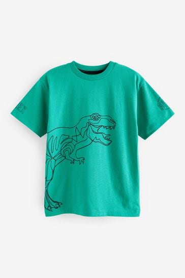 Green Linear Dino Relaxed Fit Short Sleeve Graphic T-Shirt (3-16yrs)