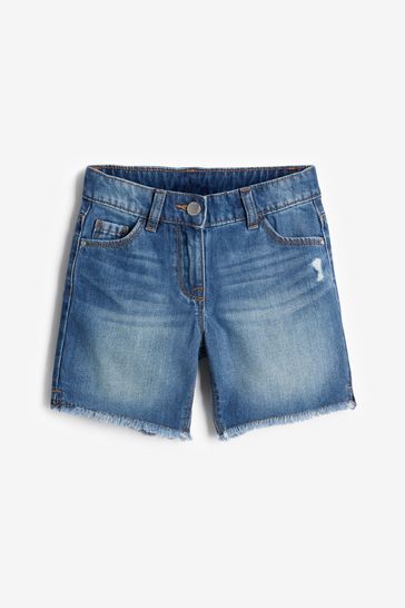 Buy Mid Blue Longer Length Frayed Hem Denim Shorts 3 16yrs from