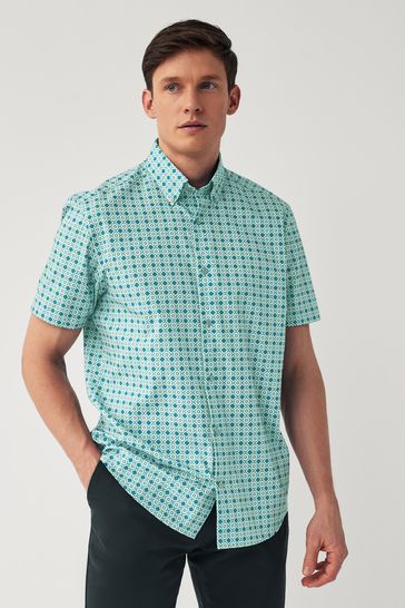 Teal Blue Geometric Regular Fit Short Sleeve Printed Short Sleeve Shirt