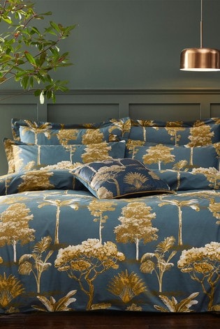 Paoletti Blue Blue Arboretum Botanical Print Cotton Sateen Duvet Cover and Pillowcase Set