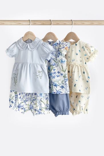 Blue Floral Baby 3 Pack T-Shirts and Shorts Set