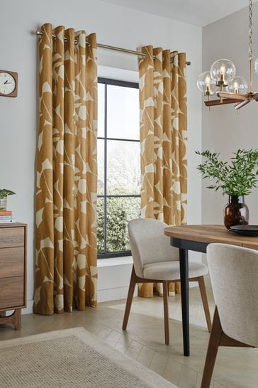 Mustard Yellow Overscale Leaf Eyelet Lined Curtains