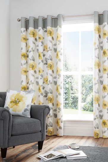 Fusion Yellow Adriana Floral Lined Eyelet Curtains