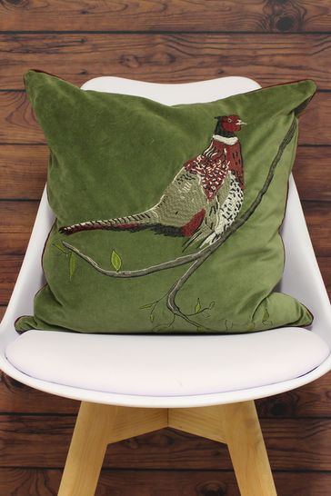 Riva Paoletti Green Hunter Velvet Embroidered Polyester Filled Cushion
