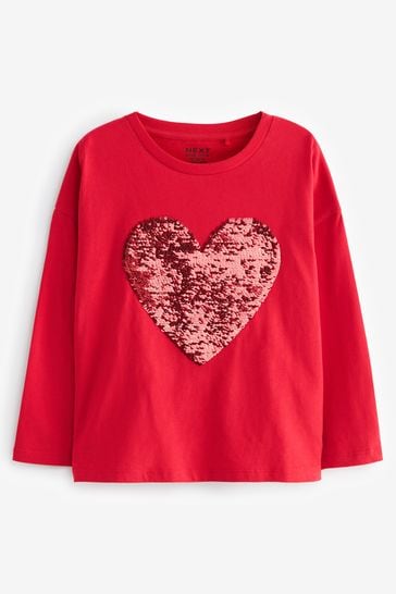 Red/White Long Sleeve Sequin Heart T-Shirt (3-16yrs)