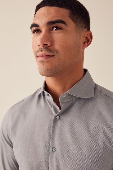 Neutral Brown Regular Fit Single Cuff Textured Cotton Shirt