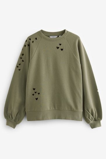 Khaki Green Heart Cut Out Detail Sweatshirt