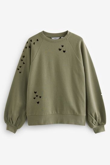 Khaki Green Heart Cut-Out Detail Sweatshirt