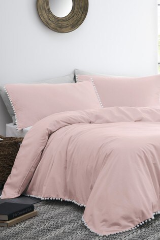 Signature Blush Pink Lynton Pom Pom Embellished Duvet Cover and Pillowcase Set