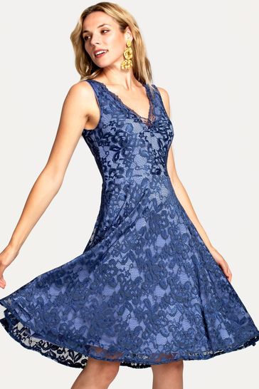 HotSquash Blue V-Neck Floral Lace Dress