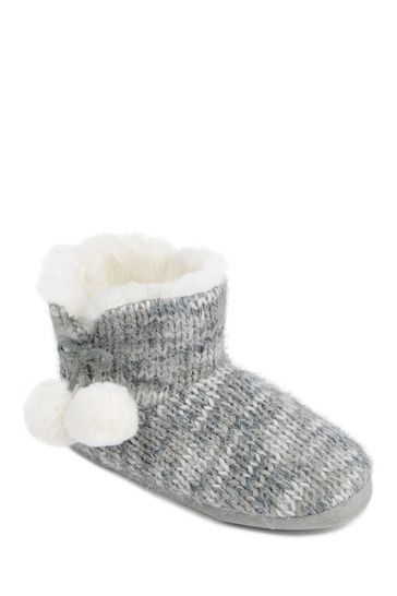 Totes Grey Ladies Knitted Boot Slippers With Pom Pom