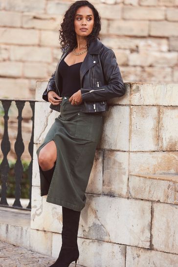 Green denim skirt and jacket on sale