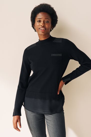Black High Neck Stud Detail Layer Jumper