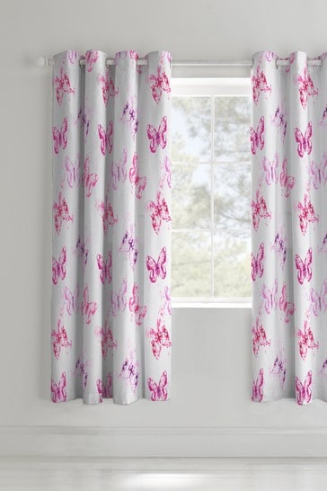 Catherine Lansfield Pink Butterfly Lined Eyelet Curtains