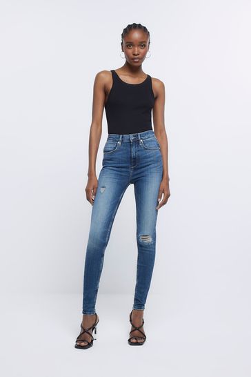 Buy River Island Blue Ripped High Waisted Sculpt Skinny Jeans from