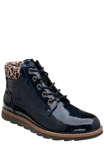 Lotus Navy Blue Patent Lace-Up Ankle Boots
