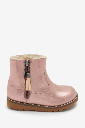 Rose Gold Pink Standard Fit (F) Warm Lined Tassel Detail Zip Boots