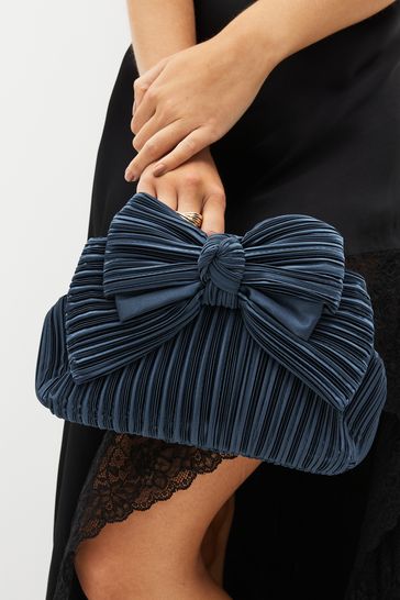 Blue Pleated Bow Clutch Bag