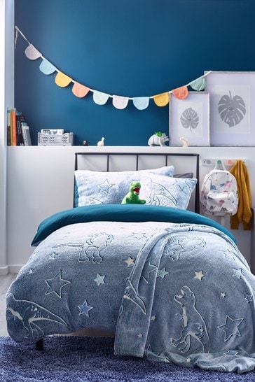Teal Blue Glow In The Dark Supersoft Fleece Dinosaur Duvet Cover and Pillowcase Set