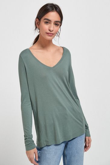 Khaki Green Slouch V-Neck Long Sleeve T-Shirt